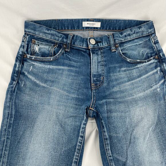 Moussy Vintage Lancaster Skinny Blue Jeans Distressed Splattered Embroidered 29 - Picture 3 of 15